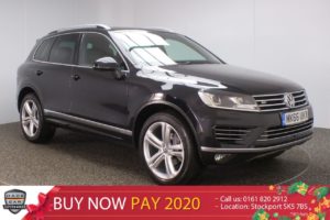 Used 2016 BLACK VOLKSWAGEN TOUAREG Estate 3.0 V6 R-LINE PLUS TDI BLUEMOTION TECHNOLOGY 5DR SAT NAV HEATED LEATHER PAN ROOF (reg. 2016-09-28) for sale in Stockport