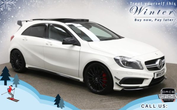 Used 2015 WHITE MERCEDES-BENZ A45 Hatchback 2.0 A45 AMG 4MATIC 5d 360 BHP (reg. 2015-05-15) for sale in Bury