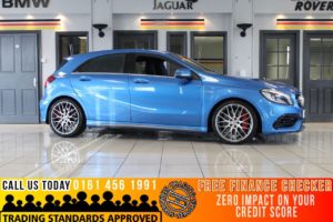 Used 2016 BLUE MERCEDES-BENZ A-CLASS Hatchback 2.0 AMG A 45 4MATIC 5d AUTO 375 BHP (reg. 2016-03-01) for sale in Bramhall