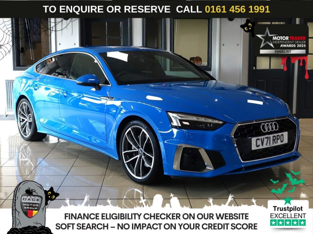 Used 2021 BLUE AUDI A5 Hatchback 2.0 TFSI 40 S line Sportback 5dr Petrol S Tronic Euro 6 (s/s) (204 ps) (reg. 2021-11-26) for sale in Wilmslow