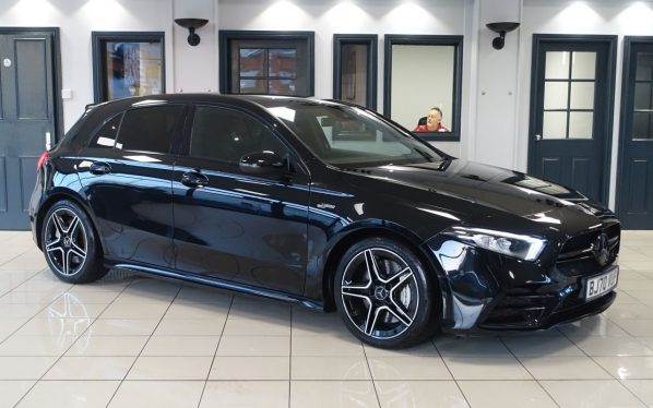 Used 2021 BLACK MERCEDES-BENZ A-CLASS Hatchback 2.0 A35 AMG (Executive) Hatchback 5dr Petrol SpdS DCT 4MATIC Euro 6 (s/s) (306 ps) (reg. 2021-01-08) for sale in Altrincham