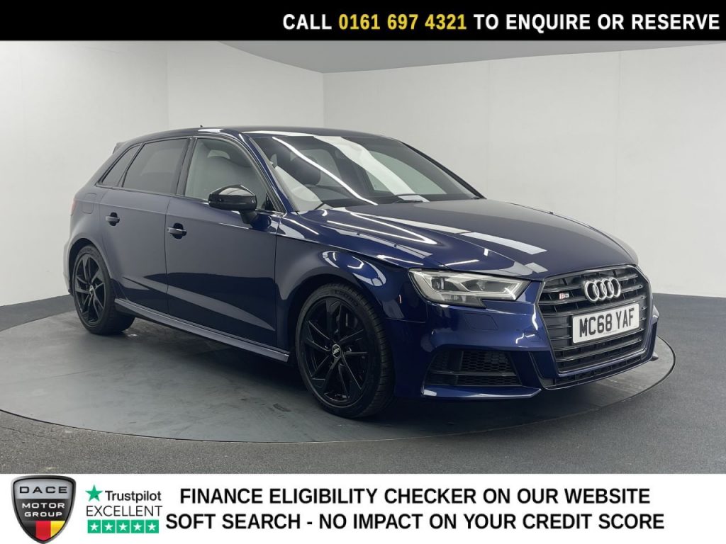 Used 2019 BLUE AUDI S3 Hatchback 2.0 TFSI Black Edition Sportback 5dr Petrol S Tronic quattro Euro 6 (s/s) (300 ps) (reg. 2019-02-25) for sale in Manchester
