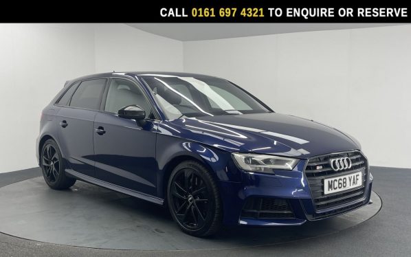 Used 2019 BLUE AUDI S3 Hatchback 2.0 TFSI Black Edition Sportback 5dr Petrol S Tronic quattro Euro 6 (s/s) (300 ps) (reg. 2019-02-25) for sale in Manchester