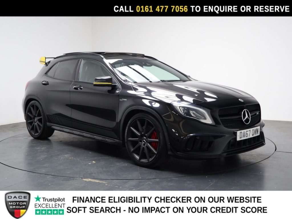 Used 2017 BLACK MERCEDES-BENZ GLA SUV 2.0 GLA45 AMG Yellow Night Edition SUV 5dr Petrol SpdS DCT 4MATIC Euro 6 (s/s) (381 ps) (reg. 2017-11-30) for sale in Stockport