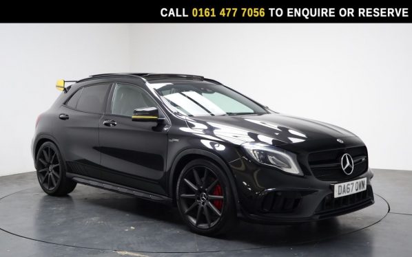 Used 2017 BLACK MERCEDES-BENZ GLA SUV 2.0 GLA45 AMG Yellow Night Edition SUV 5dr Petrol SpdS DCT 4MATIC Euro 6 (s/s) (381 ps) (reg. 2017-11-30) for sale in Stockport