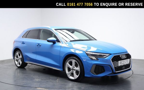 Used 2022 BLUE AUDI A3 Hatchback 1.4 TFSIe 40 S line Sportback 5dr Petrol Plug-in Hybrid S Tronic Euro 6 (s/s) 13kWh (204 ps) (reg. 2022-04-29) for sale in Stockport
