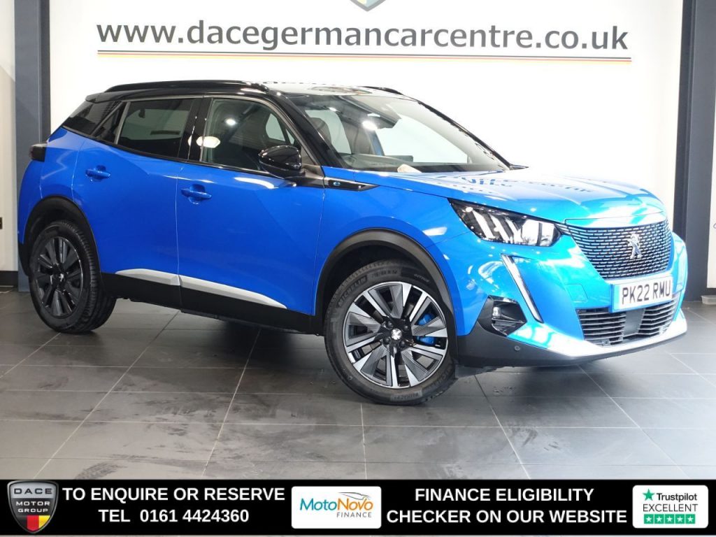 Used 2022 BLUE PEUGEOT E-2008 SUV 50kWh GT Premium SUV 5dr Electric Auto (136 ps) (reg. 2022-03-30) for sale in Altrincham